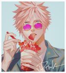  1boy alternate_costume aqua_eyes blue_background boooshow border cloud_strife collared_shirt colored_eyelashes cup earrings eating final_fantasy final_fantasy_vii final_fantasy_vii_remake food food_in_mouth fruit glasses grey_shirt hair_between_eyes holding holding_cup jewelry long_sleeves looking_at_viewer male_focus parfait parted_lips pink-tinted_eyewear shirt short_hair single_earring solo spiked_hair strawberry tinted_eyewear upper_body 
