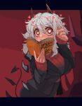  1girl absurdres black_horns black_jacket book demon_girl demon_horns demon_tail grey_hair heart heart-shaped_pupils helltaker highres holding holding_book horns jacket looking_at_viewer lumpypacas modeus_(helltaker) red_sweater sweat sweater symbol-shaped_pupils tail 