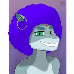  afro anthro artist_logo artist_name bindi bust_portrait countershading dated ear_piercing ear_ring female fish green_eyes grey_body hair hapromeen logo looking_at_viewer marine multicolored_body piercing portrait purple_hair ring_piercing shark smile smiling_at_viewer solo two_tone_body 
