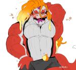  anthro anthrofied avian bird boxers_(clothing) clothing crocodilian eyes_closed generation_9_pokemon hair hyaku_(artist) kemono male muscular nintendo open_mouth orange_hair pokemon pokemon_(species) red_body red_scales reptile scales scalie skeledirge tongue underwear video_games yawn 