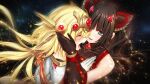  2girls bangs black_gloves blonde_hair blue_eyes blunt_bangs brown_hair closed_eyes closed_mouth crying dead_aegis dutch_angle floating_hair game_cg gem gloves hair_ornament li_canxue lisette_augereau long_hair multiple_girls open_mouth red_gemstone red_lips shiny shiny_hair smile tears ueda_metawo upper_body wing_collar 