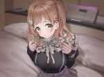  1girl bed_sheet black_sweater blush breasts capelet frilled_capelet frills hamedoragon idolmaster idolmaster_shiny_colors indoors large_breasts light_brown_hair looking_at_viewer love_hotel pillow sakuragi_mano skirt solo suspender_skirt suspenders sweater watch wristwatch 