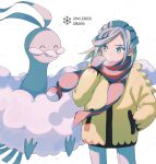  1boy altaria breath character_name closed_mouth commentary_request eyelashes green_eyes grusha_(pokemon) hand_in_pocket hand_up highres jacket long_hair long_sleeves looking_to_the_side male_focus mittens pants pokemon pokemon_(creature) pokemon_(game) pokemon_sv scarf striped striped_scarf wednesday_108 yellow_jacket 