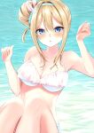  1girl :o arms_up bangs bare_shoulders bikini blonde_hair blue_eyes blue_hairband blush breasts cleavage collarbone commentary girls&#039;_frontline hair_bun hair_ornament hairband highres large_breasts long_hair looking_at_viewer nakaryo0404 ocean official_alternate_costume on_water open_mouth single_side_bun sitting snowflake_hair_ornament solo suomi_(girls&#039;_frontline) suomi_(midsummer_pixie)_(girls&#039;_frontline) swimsuit upper_body water white_bikini 