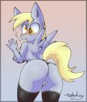  2022 anthro anthrofied blonde_hair blush breasts butt clothing derp_eyes derpy_hooves_(mlp) digital_media_(artwork) equid equine eyelashes feathered_wings feathers female friendship_is_magic fur genitals grey_body grey_fur hair hasbro hi_res legwear mammal my_little_pony nehmkey nipples open_mouth open_smile pegasus pussy rear_view smile solo stockings wings 
