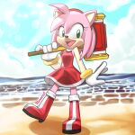  5_fingers absurd_res amy_rose anthro beach big_hands black_nose boots bracelet clothed clothing crown dress eulipotyphlan female fingers footwear fur green_eyes hair hammer hedgehog hexecat hi_res jewelry mammal multicolored_body multicolored_fur open_mouth pink_body pink_fur pink_hair seaside sega smile solo sonic_the_hedgehog_(series) tiara tools 