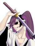  1girl absurdres bangs black_ribbon bleach bleach:_the_thousand-year_blood_war breasts cleavage eyelashes eyepatch hair_between_eyes haori headband highres holding holding_sword holding_weapon japanese_clothes katana kubo_tite_(style) long_hair long_sleeves looking_at_viewer official_style purple_eyes purple_hair ribbon saitou_furoufushi sheath shinigami smile solo spokota sword teeth twintails weapon white_background white_headband 