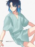  1boy artist_name asymmetrical_bangs athrun_zala bangs blue_hair cowboy_shot green_eyes grey_background gundam gundam_seed highres hospital_gown looking_to_the_side male_focus medium_hair nito_minatsuki no_pants parted_bangs short_sleeves solo sweatdrop wristband 