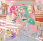  2girls agent_3_(splatoon) agent_8_(splatoon) bare_legs barefoot bed black_panties cellphone cuddling dolphin_shorts drooling fangs from_above handheld_game_console highres inkling inkling_girl lantern_madoyoi lying morning multiple_girls navel nintendo_switch octoling octoling_girl off_shoulder on_back on_side open_mouth panties phone pillow pointy_ears short_shorts shorts sleeping smartphone splatoon_(series) splatoon_2 splatoon_2:_octo_expansion squidbeak_splatoon stomach sunlight tentacle_hair underwear yuri 