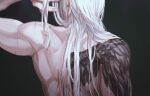  1boy back black_background black_wings boooshow facing_away final_fantasy final_fantasy_vii final_fantasy_vii_remake hair_over_shoulder hand_in_own_hair long_hair male_focus multiple_scars muscular muscular_male scar scar_on_arm scar_on_back sephiroth shoulder_tattoo single_wing solo tattoo topless_male upper_body white_hair wings 