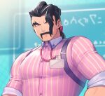  1boy bangs black_hair blurry blurry_background buttons closed_mouth collared_shirt commentary_request facial_hair haneten_kagatsu lanyard long_hair looking_at_viewer male_focus mustache pectorals pink_eyes pink_shirt pokemon pokemon_(game) pokemon_sv saguaro_(pokemon) shirt solo striped striped_shirt thick_eyebrows upper_body vertical-striped_shirt vertical_stripes 