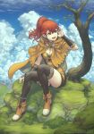  1girl alternate_costume anna_(fire_emblem) breasts cape cleavage cloud cloudy_sky earrings fire_emblem gofelem highres jewelry medium_breasts medium_hair open_mouth ponytail red_hair sky solo tree 