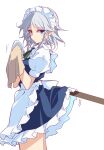  1girl blue_eyes braid cleaning clothes_lift dress dress_lift grey_hair highres ichimura_kanata izayoi_sakuya looking_back maid_headdress one-hour_drawing_challenge plate short_hair side_braids simple_background solo standing touhou towel twin_braids white_background 