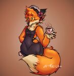  angry anthro beverage black_nose chest_tuft clothing container cup flower fluffy fluffy_tail fur headgear headwear hi_res invalid_tag maid_hat maid_uniform male male/male multicolored_body multicolored_fur multicolored_tail orange_body orange_fur pawpads plant solo tea teeth tuft uniform white_body white_fur 