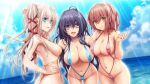  3girls :d ahoge bare_arms blue_eyes blue_hair blue_one-piece_swimsuit blue_sky breasts brown_eyes brown_hair closed_mouth cloud collarbone covered_nipples cowboy_shot dead_aegis game_cg hair_ribbon halterneck hand_on_hip iizuka_minori ilyusha_petrovna kisaragi_nana_(dead_aegis) large_breasts leaning_forward looking_at_viewer multiple_girls navel ocean one-piece_swimsuit open_mouth outdoors pink_one-piece_swimsuit purple_eyes red_ribbon revealing_clothes ribbon shiny shiny_hair shiny_skin sky slingshot_swimsuit smile standing summer sunlight swimsuit thigh_gap twintails ueda_metawo white_hair yellow_one-piece_swimsuit 