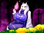  &lt;3 4:3 anthro big_breasts biped bludraconoid boss_monster bovid breasts caprine clothed clothing delta_rune_(emblem) detailed_background dress elemental_manipulation eyelashes fangs female fire fire_manipulation floppy_ears flower grass hi_res horn huge_breasts magic mammal mature_anthro mature_female on_ground plant purple_clothing purple_dress red_eyes ruins sitting sitting_on_ground slightly_chubby solo symbol thick_thighs toriel undertale undertale_(series) video_games white_body 