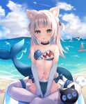  1girl :o absurdres adapted_costume animal_ear_fluff animal_ears beach bikini black_collar blue_bikini blue_eyes blue_gloves blue_hair blue_sky blush boat breasts cat_ears cloud collar fish_tail gawr_gura gloves hair_ornament highres hololive hololive_english looking_at_viewer medium_hair multicolored_hair navel nekopurin_(nyanko_prin) outdoors sand shark_girl shark_hair_ornament shark_print shark_tail short_twintails sitting sky small_breasts solo stomach strapless strapless_bikini streaked_hair swimsuit tail thighhighs twintails two_side_up virtual_youtuber water watercraft white_hair white_thighhighs 