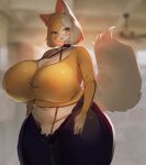  anthro big_breasts big_butt breasts butt cleavage clothed clothing domestic_cat fangs felid feline felis female hair hands_on_legs hands_on_thighs huge_breasts huge_butt huge_thighs hyper hyper_breasts mammal multicolored_hair smile solo standing thick_thighs utterangle wide_hips yellow_eyes 