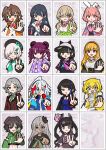  6+girls abeno-shakuji-maya absurdres animal_ears animal_hat bangs baseball_cap beret black_corset black_hair black_headband black_jacket blonde_hair blue_eyes blue_hair braid brown_hair buttons cat_ears cat_hat closed_mouth collared_shirt corset curly_hair denonbu dollar_sign double_bun dress dress_shirt earrings everyone fake_animal_ears fanny_pack gem green_eyes green_hoodie green_necktie green_scrunchie grey_hair haijima_ginka hair_between_eyes hair_bun hair_ornament hair_tie hairclip hairpin hat headband hidaka_reia hidaka_reina_(denonbu) highres hood hoodie houou_karin inubousaki_shian jacket jewelry kayano_futaba keychain kurogane_tama long_hair long_sleeves looking_at_viewer minakami_hina mole multiple_girls necklace necktie ogami_matoi open_mouth orange_eyes orange_hair orange_jacket paw_print pink_eyes pink_hoodie poncho purple_eyes purple_hair purple_hoodie rabbit_ears red_eyes reml rock_paper_scissors sakurano_mimito school_uniform scrunchie serafuku seto_mitsuki_(denonbu) shinonome_kazune shirokane_aki shirt short_hair side_ponytail smile smiley_face standing striped taiga_lucia tsuzutsu turtleneck twintails upper_body v white_shirt yellow_eyes 