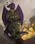  4:5 anthro armor army army_uniform dragon gun hi_res horn membrane_(anatomy) membranous_wings purple_body ranged_weapon spines symrea weapon wings 