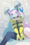  1girl asymmetrical_hair asymmetrical_legwear bags_under_eyes blue_eyes blue_hair bound bound_arms bow-shaped_hair commentary_request gag highres intravenous_drip iono_(pokemon) jacket long_hair multicolored_hair padded_walls pink_hair pokemon pokemon_(game) pokemon_sv raftetram single_leg_pantyhose solo split-color_hair straitjacket two-tone_hair very_long_hair yellow_jacket 