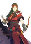  1girl aduti_momoyama animal arrow_(projectile) bow_(weapon) brown_sash closed_mouth dark_green_hair fingerless_gloves fingernails fire_emblem fire_emblem:_the_binding_blade frown fur_trim gloves green_eyes grey_gloves headband highres holding holding_arrow holding_bow_(weapon) holding_weapon horse horseback_riding long_hair looking_to_the_side pants red_headband red_pants riding saddle sash short_sleeves sidelocks simple_background split_mouth straight_hair sue_(fire_emblem) tassel weapon white_background yellow_pupils 