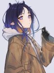  1girl black_gloves brown_coat closed_mouth coat drawstring gloves gradient_hair grey_background grey_hoodie highres holding hololive hololive_english hood hood_down hoodie long_sleeves looking_at_viewer mole mole_under_eye multicolored_hair ninomae_ina&#039;nis orange_hair orinte pointy_ears purple_eyes purple_hair simple_background solo tentacle_hair upper_body virtual_youtuber wing_collar 