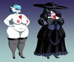  big_breasts blue_hair breasts cleavage clothed clothing crovirus dress female footwear fupa gardevoir generation_3_pokemon genitals hair hat headgear headwear hi_res high_heels legwear mostly_nude nintendo nipples overweight overweight_female pokemon pokemon_(species) pussy shiny_pokemon thigh_highs video_games 