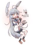  ahoge black_shirt black_shorts black_socks blue_sailor_collar brown_footwear cake cake_slice dress eating floating_headgear food fork fruit grey_hair hair_ribbon headgear highres holding holding_fork holding_plate kantai_collection long_hair murakumo_(kancolle) necktie orange_eyes plate red_necktie red_ribbon ribbon sailor_collar sailor_dress shin_(shin_k009) shirt short_sleeves shorts sidelocks socks strawberry translation_request tress_ribbon very_long_hair 