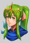  1girl aduti_momoyama bangs closed_mouth fire_emblem fire_emblem:_mystery_of_the_emblem fire_emblem_heroes gem green_eyes grey_background hair_between_eyes hair_ribbon headpiece high_collar highres light_green_hair long_hair looking_at_viewer pink_ribbon pointy_ears ponytail red_gemstone ribbon sidelocks simple_background smile solo tareme tiki_(fire_emblem) upper_body 