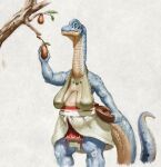  anthro blue_body blue_scales breasts clothed clothing dinosaur female food front_view fruit full-length_portrait green_clothing green_topwear hi_res jewelry mouth_closed necklace plant portrait red_clothing reptile sagging_breasts scales scalie simple_background solo standing tan_body tan_scales three-quarter_portrait topwear upai white_clothing 