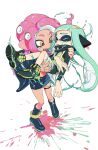  2girls agent_3_(splatoon) agent_8_(splatoon) boots brown_eyes carrying green_hair highres ink inkling inkling_girl lantern_madoyoi miniskirt multiple_girls octoling octoling_girl pink_hair pointy_ears princess_carry skirt splatoon_(series) splatoon_2 standing suction_cups tentacle_hair unconscious 