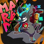  abstract_background anthro clothing duo gloves grey_body handwear heart_(mad_rat_dead) hi_res hole_(anatomy) looking_at_viewer mad_rat_(character) mad_rat_dead male mammal multicolored_body murid murine rat rodent scar smile takono text video_games whiskers 