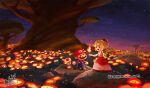  1girl 2boys bettykwong blue_overalls crown dress earrings fire_flower gloves jewelry looking_at_another mario mario_(series) multiple_boys night night_sky overalls princess_peach red_dress red_headwear red_shirt shirt sky smile the_super_mario_bros._movie toad_(mario) tree white_dress white_gloves 