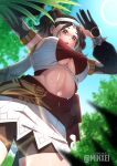  1girl bangs bare_shoulders breasts brown_hair cleavage detached_sleeves eremite_desert_clearwater_(genshin_impact) genshin_impact hair_ornament highres large_breasts minxei navel open_mouth red_sash sash simple_background skirt stomach thighs twintails underboob white_skirt 