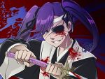  1girl bangs black_ribbon bleach bleach:_the_thousand-year_blood_war blood blood_on_clothes blood_on_face blood_on_weapon eyepatch hair_between_eyes haori highres holding holding_sword holding_weapon japanese_clothes katana long_hair long_sleeves looking_at_viewer purple_eyes purple_hair renmukuro10 ribbon saitou_furoufushi shinigami smile solo sword teeth twintails watermark weapon 