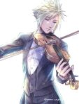  1boy black_jacket black_pants black_suit blonde_hair blue_eyes cloud_strife cowboy_shot final_fantasy final_fantasy_vii formal half-closed_eyes highres holding holding_instrument instrument jacket long_sleeves male_focus music pants playing_instrument shirt short_hair solo spiked_hair suit suit_jacket twitter_username violin waistcoat warori_anne white_background white_shirt 