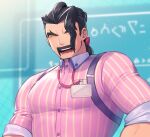  1boy :d bangs black_hair blurry blurry_background buttons closed_eyes collared_shirt commentary_request facial_hair haneten_kagatsu lanyard long_hair male_focus mustache open_mouth pectorals pink_shirt pokemon pokemon_(game) pokemon_sv saguaro_(pokemon) shirt smile solo striped striped_shirt teeth thick_eyebrows tongue upper_body vertical-striped_shirt vertical_stripes 