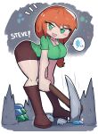  1girl absurdres alex_(minecraft) blush boots breasts brown_footwear cleavage deformed green_eyes green_shirt highres knee_boots large_breasts long_hair looking_at_viewer minecraft mining open_mouth orange_hair paid_reward_available pants pickaxe shirt smile solo tony_welt weapon 
