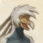  1:1 anthro beak blue_body blue_eyes bust_portrait glistening glistening_eyes head_tuft male multicolored_body nude open_mouth portrait red_tongue simple_background solo species_request three-quarter_view tongue tuft two_tone_body unsigned upai white_body 