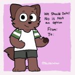  anthro black_eyes bottomwear brown_body brown_fur canid canine canis clothed clothing domestic_dog english_text fur hi_res male mammal ohmygoditguppy shirt shorts t-shirt text topwear 