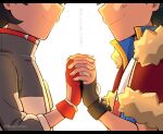  2boys artist_name ash_ketchum black_gloves black_hair fingerless_gloves fingernails gloves goh_(pokemon) high_collar holding_hands male_focus multiple_boys pokemon pokemon_(anime) pokemon_journeys red_gloves sara_bon simple_background smile white_background 