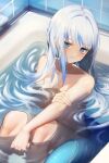  1girl absurdres bangs bathing bathtub blue_eyes blue_hair blush completely_nude feet_out_of_frame from_above gawr_gura highres hololive hololive_english knees_up long_hair looking_at_viewer multicolored_hair nude parted_lips partially_submerged pero_(peroneko0510) solo streaked_hair tail tile_wall tiles virtual_youtuber water wet white_hair 