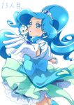  1girl 1other blue_choker blue_vest choker cure_fontaine earrings hair_ornament healin&#039;_good_precure healing_animal heart heart_hair_ornament highres jewelry looking_at_viewer magical_girl meme_rururu open_mouth pegitan_(precure) pom_pom_(clothes) pom_pom_earrings precure sawaizumi_chiyu split_ponytail vest wide_ponytail 