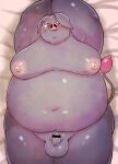  absurd_res anthro balls bed bedding bedding_background belly black_body black_fur chi_tiu domestic_pig erection floppy_ears fupa fur furniture genitals hi_res lying male mammal moobs navel nintendo nipples nude oinkologne on_back overweight penis pokemon solo suid suina sus_(pig) video_games 