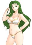  1girl absurdres alternate_costume annand_(fire_emblem) arms_behind_back bangs bare_shoulders bra breasts circlet cleavage cowboy_shot fire_emblem fire_emblem:_genealogy_of_the_holy_war gold_trim green_eyes green_hair hair_tucking highres large_breasts long_hair looking_at_viewer mature_female navel panties simple_background smile solo standing thighs tridisart underwear white_bra white_panties 