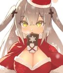  1girl 88_flak_(ash_arms) ash_arms bangs breasts breath capelet christmas cleavage cleavage_cutout clothing_cutout commentary cross_hair_ornament fur-trimmed_capelet fur_trim grey_hair hair_ornament hat katouken_(ktn-works) large_breasts long_hair looking_at_viewer open_mouth red_headwear santa_costume santa_hat simple_background snowflake_print solo tilted_headwear two_side_up upper_body white_background yellow_eyes 