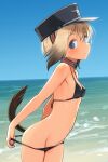  501st_joint_fighter_wing beach bikini blonde_hair blue_eyes breasts erica_hartmann highres looking_at_viewer non-web_source official_art pants_partially_removed shimada_fumikane short_hair small_breasts smile strike_witches swimsuit tail world_witches_series 