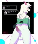  anthro balls blush bottomless bottomless_male bovid caprine clothed clothing darkner deltarune dialogue digital_media_(artwork) english_text erection eyewear feelin_synful fur genitals glasses goat hi_res horn inviting male mammal navel nervous penis presenting ralsei simple_background smile solo talking_to_viewer text undertale_(series) video_games white_body white_fur 