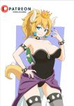  1girl armlet ass_visible_through_thighs black_leotard black_nails blonde_hair blue_eyes bowsette bracelet breasts collar earrings fingernails grin horns jewelry large_breasts leotard long_hair mario_(series) noboru_revista pointy_ears ponytail sharp_fingernails sharp_teeth slit_pupils smile solo spiked_armlet spiked_bracelet spiked_collar spikes super_crown tail teeth thighhighs turtle_shell variant_set 